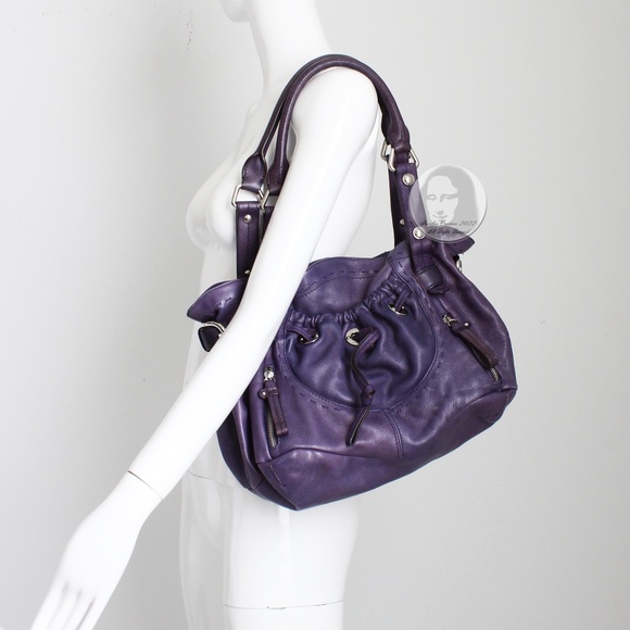 B. Makowsky Hobo Bag Shoulder Bag Purple Pebbled Leather Silver Hardware - Picture 3 of 9